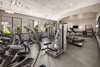 a gym with cardio equipment and a large window at 15 Bank Apartments, White Plains, NY, New York